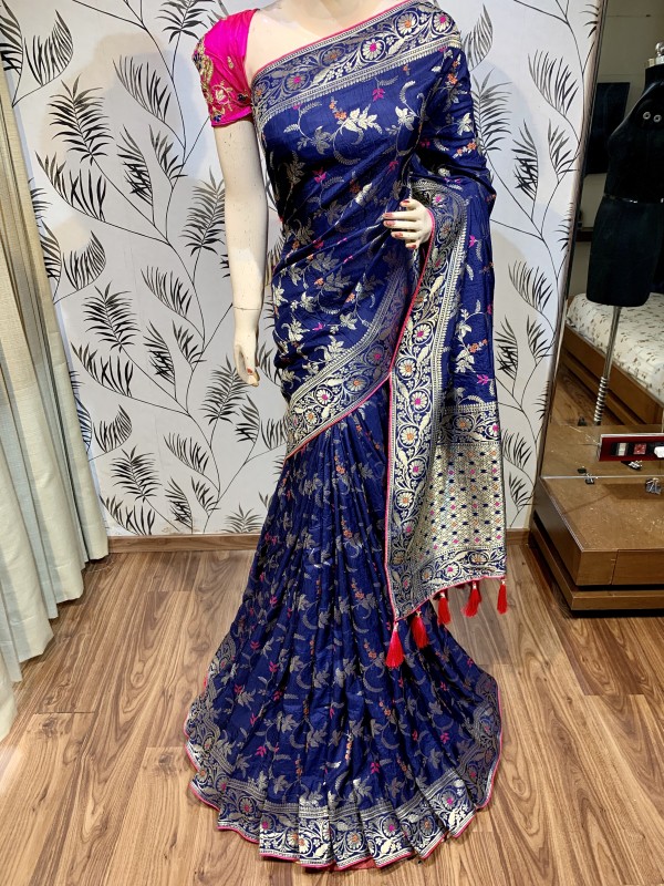 Pure Natural Dola Silk Wedding Wear Saree In Blue with Embroidery Work