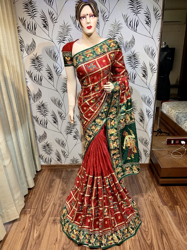 Pure Gaji Silk  Wedding Wear Saree In Red  In Embroidery & Handwork
