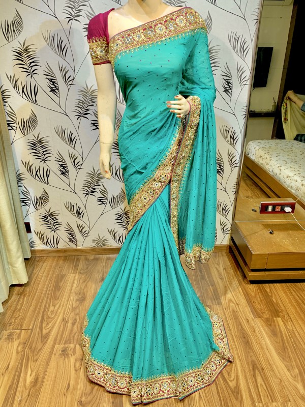 Pure Georgette Wedding Wear Saree In Turquoise In Handwork