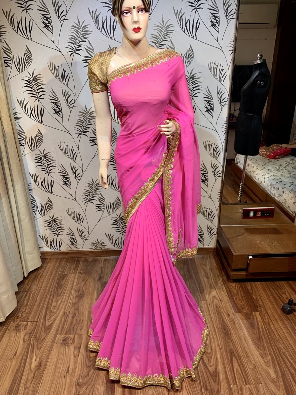 Pure Georgette Wedding Wear Saree In Pink With Handwork