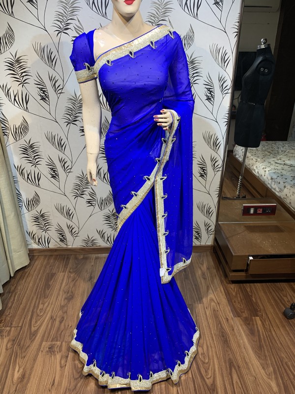 Pure Georgette Wedding Wear Saree In Blue With Handwork