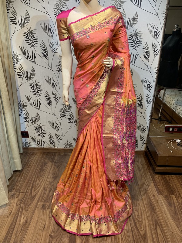 Pure Banarasi Silk Wedding Wear Saree In Light Orange With Handwork