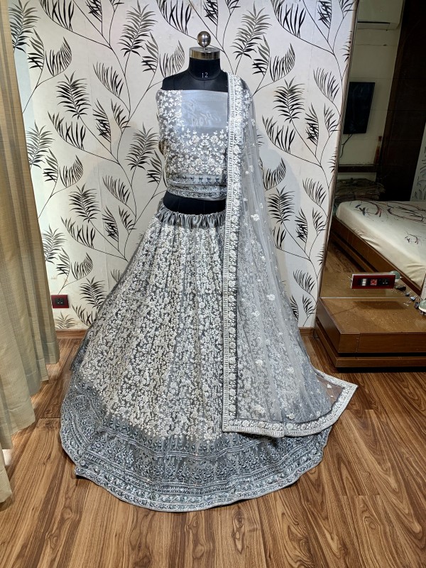 Soft Premium Net Wedding Wear Lehenga In Ravishing Grey With Luckhnowi Work & Stone Work