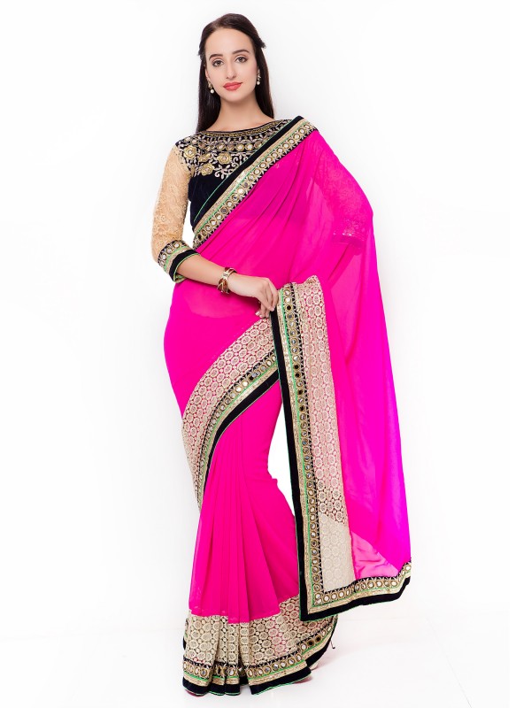 Bemberg Party Wear Saree In Pink WIth Embroidery Work   