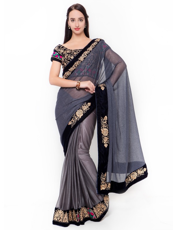 Fancy Imported Fabrics Party Wear Saree In Grey WIth Crystal Stone Work  