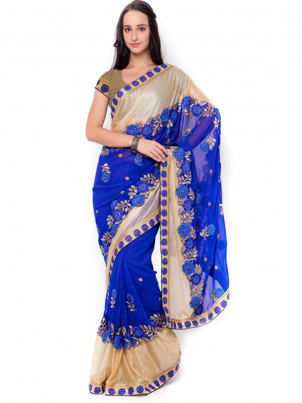 Bemberg Fabric Party Wear Saree In Blue WIth Embroidery & Crystal Stone Work  