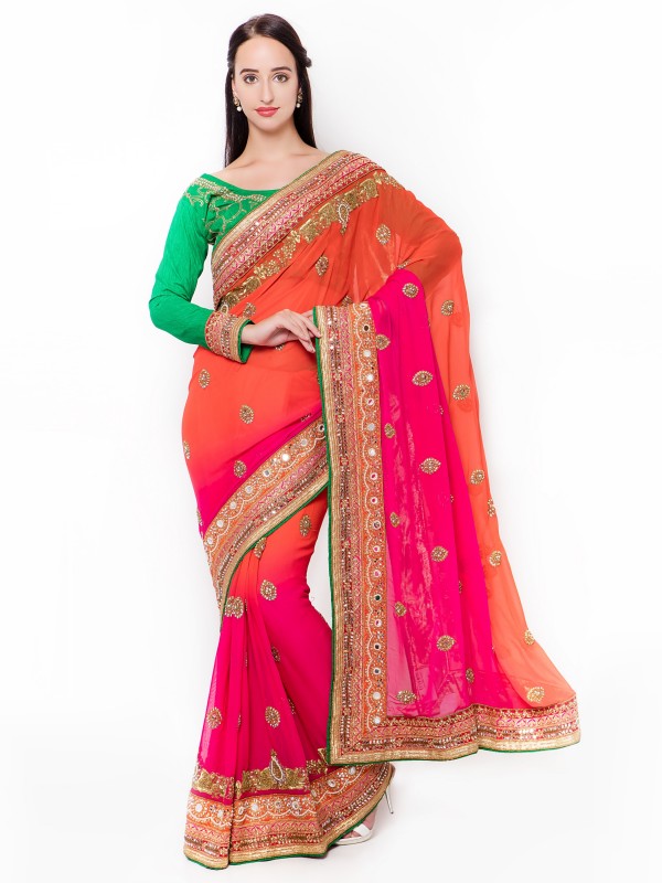 Pure Georgette Wedding Wear Saree In Orange & Pink WIth Embroidery & Crystal Stone Work  