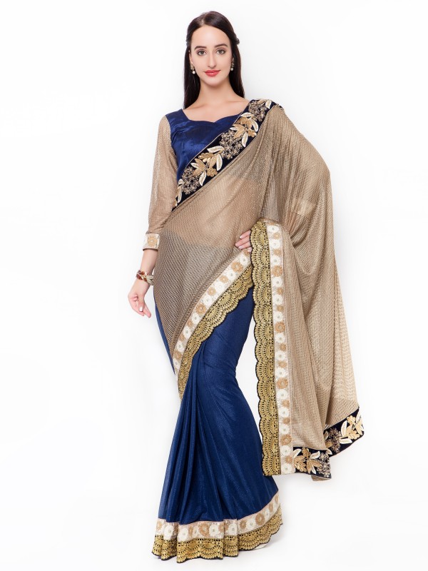 Fancy Imported fabrics Party Wear Saree In Blue WIth Embroidery & Crystal Stone Work  