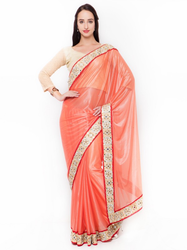 Fancy Imported fabrics Party Wear Saree In Peach WIth Embroidery & Crystal Stone Work  