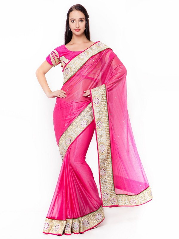 Fancy Imported fabrics Party Wear Saree In Pink WIth Embroidery & Crystal Stone Work  