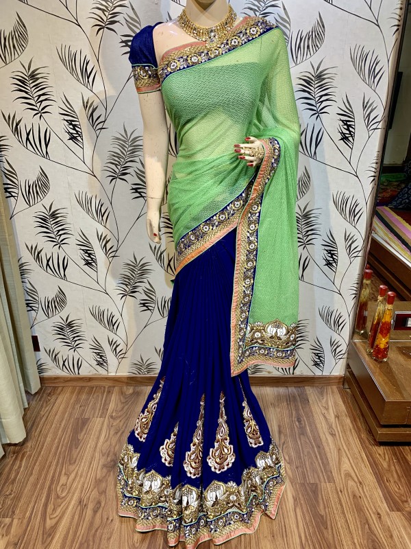 Fancy Imported Fabric Party Wear Saree In Green WIth Embroidery Work & Crystals Stone Work