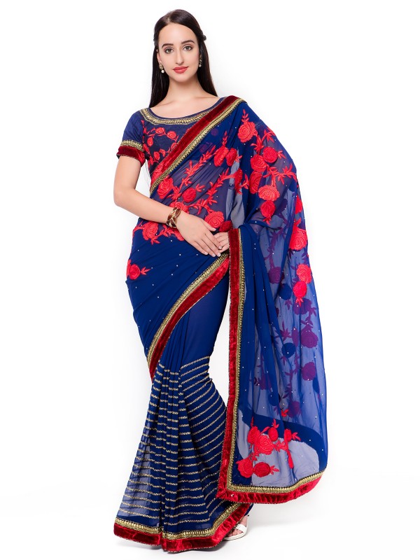 Bemberg Party Wear Saree In Blue WIth Embroidery Work   