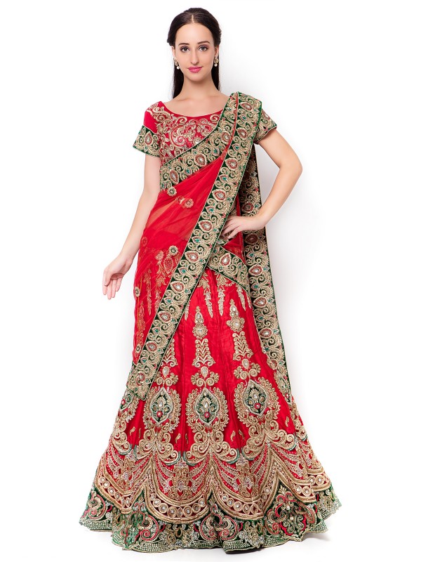 Soft Premium Net  Bridal Wear Lehenga In Red With Crystal Stone Work