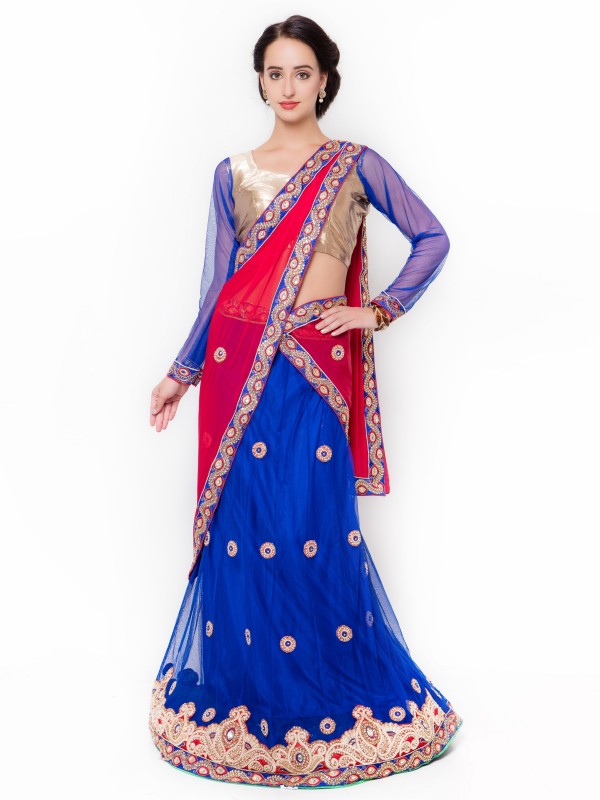 Pure Satin Silk Mehendi Sangeet Lehenga Blue Color With Embroidery Work & Stone Work