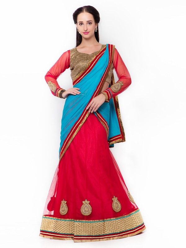 Pure Satin Silk Mehendi Sangeet Lehenga Red Color With Embroidery Work & Stone Work