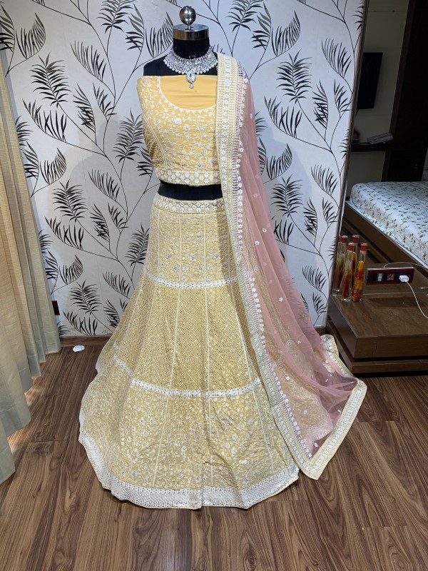 Pure Soft Georgette Wedding Wear Lehenga In Yellow  With Embroidery Work & Sequence work