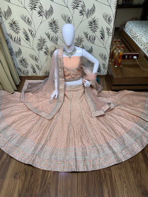Pure Satin Silk Wedding Wear Lehenga In Peach With Embroidery Work & Stone Work 