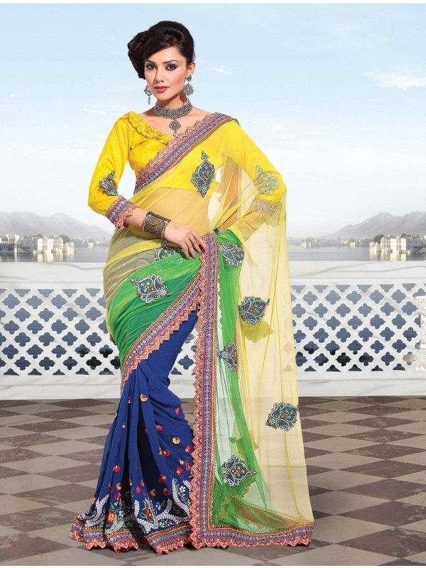 Soft Premium Net Party Wear Saree In Yellow With Embroidery Work
