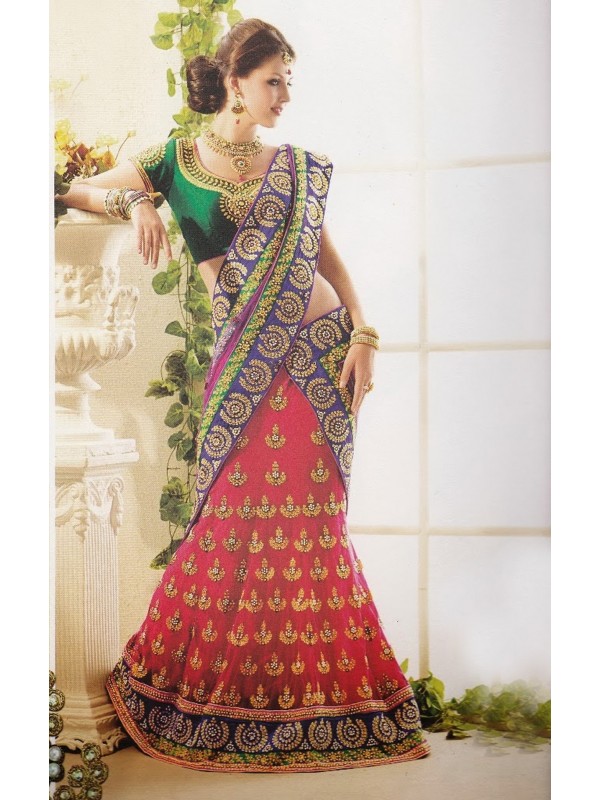 Soft Net Party Wear Lehenga Saree In Red With Crystal Stone Work 