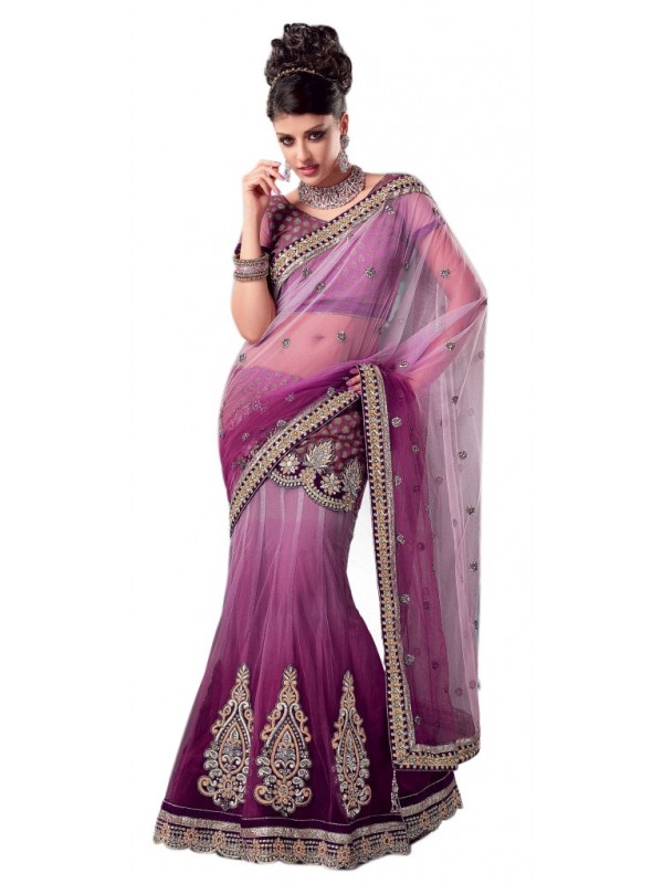 Soft Premium Net Party Wear Lehenga Saree In Violet With Embroidery Work & Crystal Stone Work 