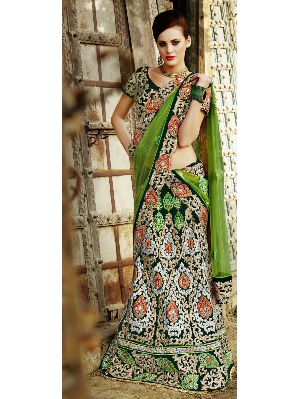 Parrot Green Colored Jacquard Lehenga With Blue Border And Dupatta