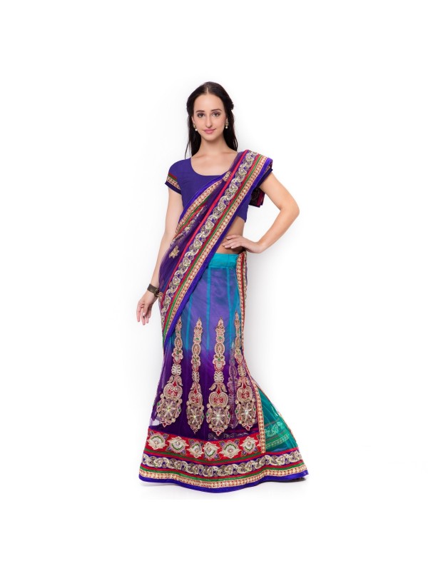 Soft Premium Net Party Wear Lehenga Saree In Blue WIth Embroidery & Crystal Stone Work  