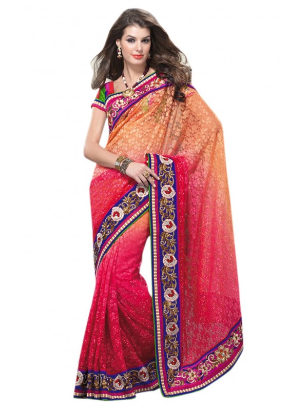 Premium Net Party Wear Saree In Pink & Orange WIth Embroidery & Crystal Stone Work  
