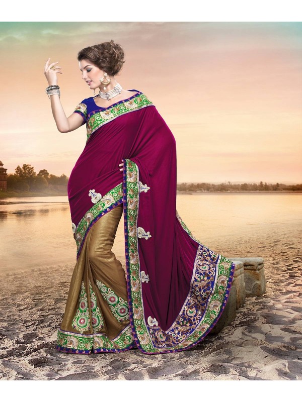 Pure Micro Vetvet Wear Saree In Rani Color WIth Embroidery & Crystal Stone Work  