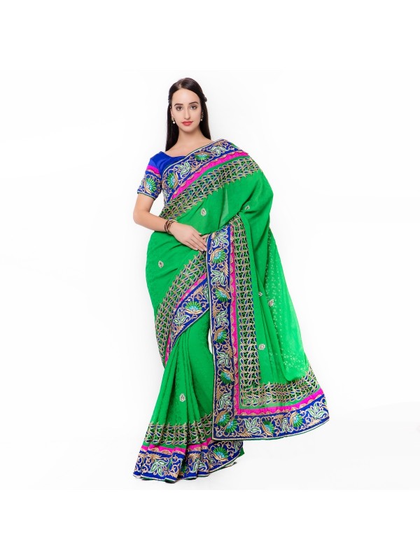 Jacquard Silk Party Wear Saree In Green WIth Embroidery & Crystal Stone Work  
