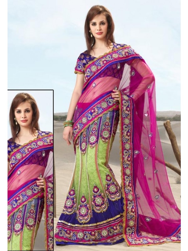 Soft Premium Net Party Wear Lehenga Saree In Rani With Embroidery & Stone Work 