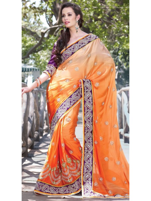 Pure Sateen Silk Party Wear Saree In Yellow WIth Embroidery & Crystal Stone Work  