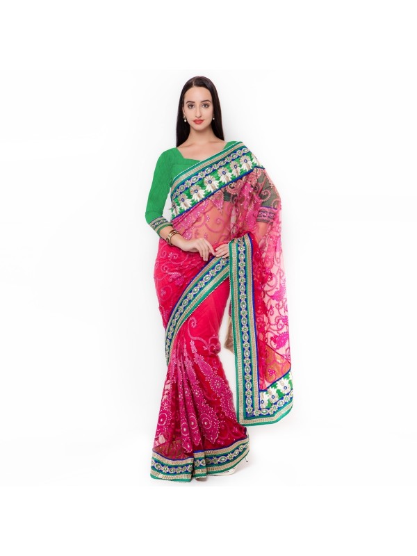 Soft Premium Net Party Wear Saree In Pink WIth Embroidery & Crystal Stone Work  