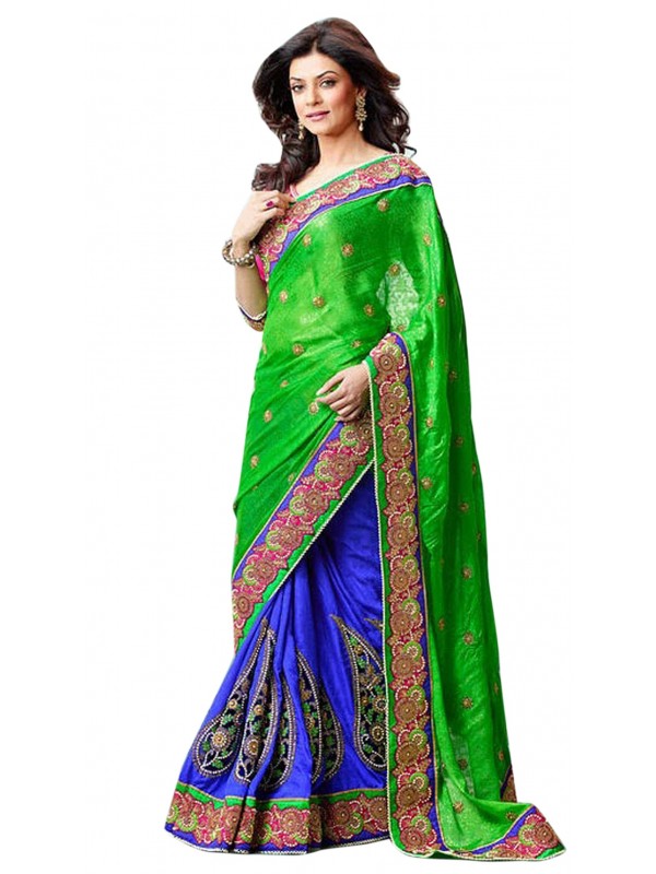 Jacquard Silk Party Wear Saree In Green WIth Embroidery & Crystal Stone Work  