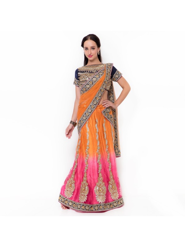 Soft Premium Net Party Wear Lehenga Saree In Orange & Pink With Embroidery & Stone Work 