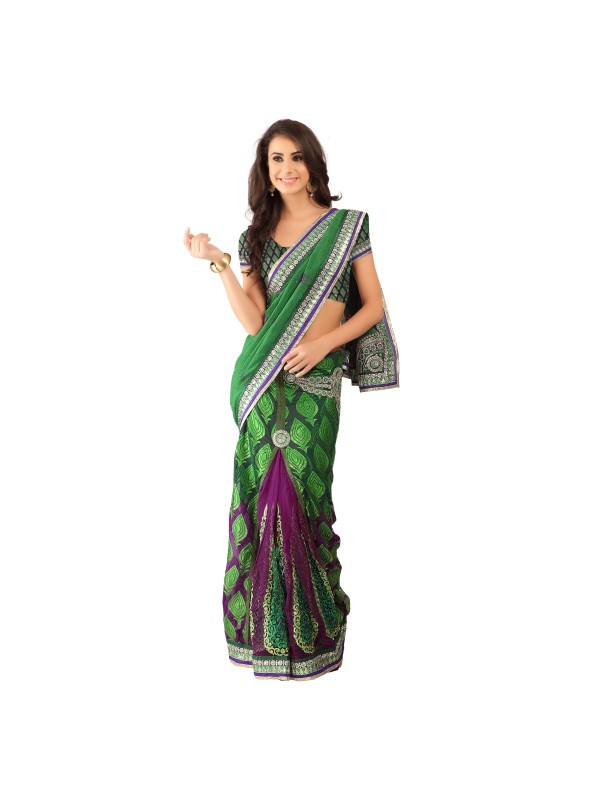 Soft Premium Net Party Wear Lehenga Saree In Green With Embroidery & Stone Work 