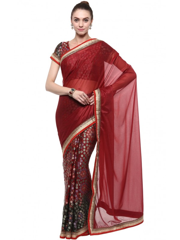 Fancy Imported Fabrics Party Wear Saree In Maroon WIth Embroidery & Crystal Stone Work  