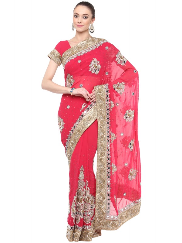 Georgette Wedding Wear Saree In Pink With Embroidery & Crystals Stone Work