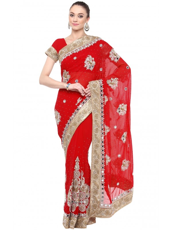 Georgette Wedding Wear Saree In Red With Embroidery & Crystals Stone Work