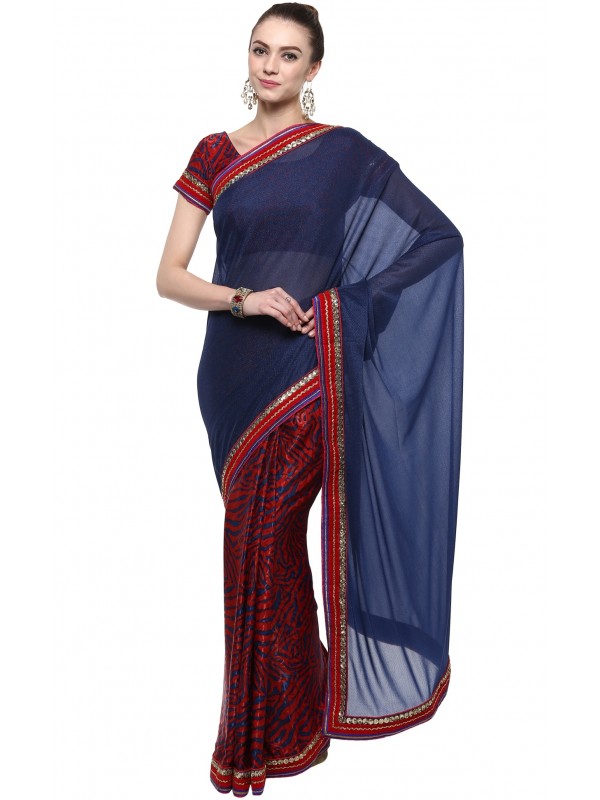 Fancy Imported Pink Wear Saree In Blue & Red WIth Embroidery & Crystal Stone Work  