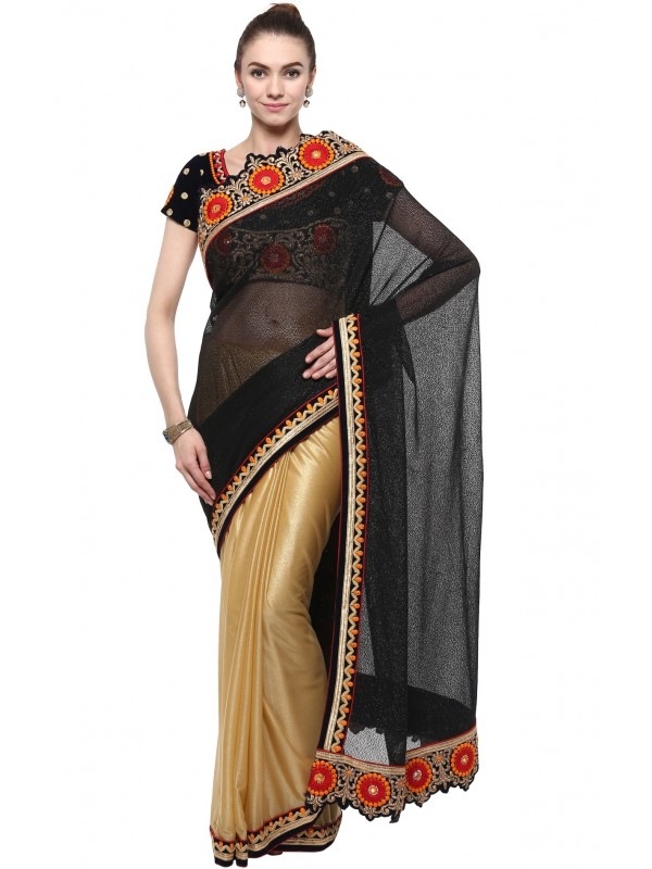Fancy Imported Pink Wear Saree In Black & Beige WIth Embroidery & Crystal Stone Work  