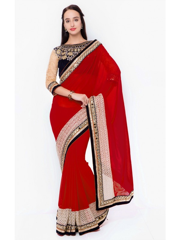 Bemberg Party Wear Saree In Red WIth Embroidery Work   