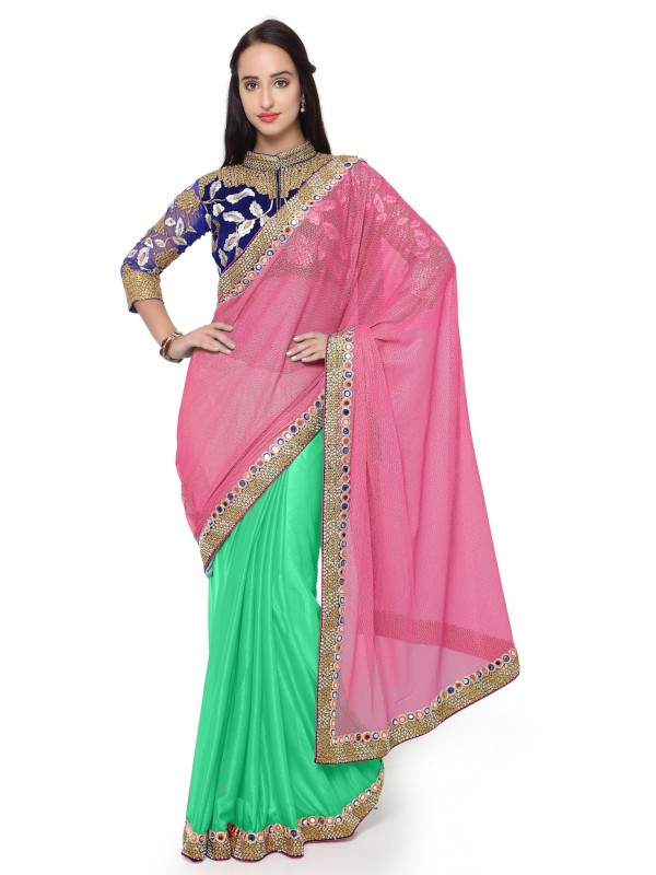 Fancy Imported fabrics Party Wear Saree In Pink WIth Embroidery & Crystal Stone Work  