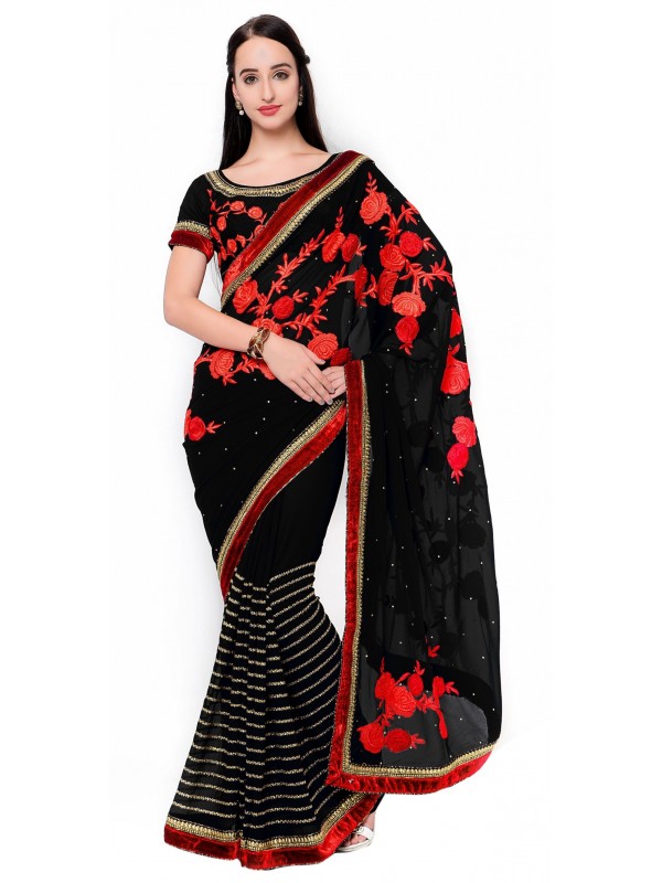 Bemberg Party Wear Saree In Black WIth Embroidery Work   