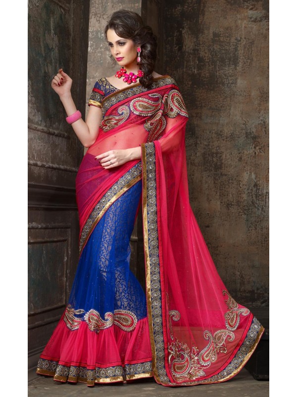 Soft Premium Net Party Wear Lehenga Saree In Pink & Blue With Stone Work 