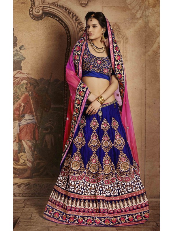 Pure Micro Velvet Wedding Wear Lehenga Saree In Blue With Embroidery & Crystals Stone Work