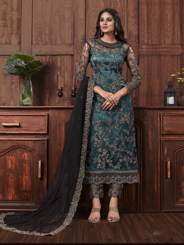 Butterfly Net Fabric Party Wear Readymade Suit In Black & Dark Turquoise Color With Embroidery 