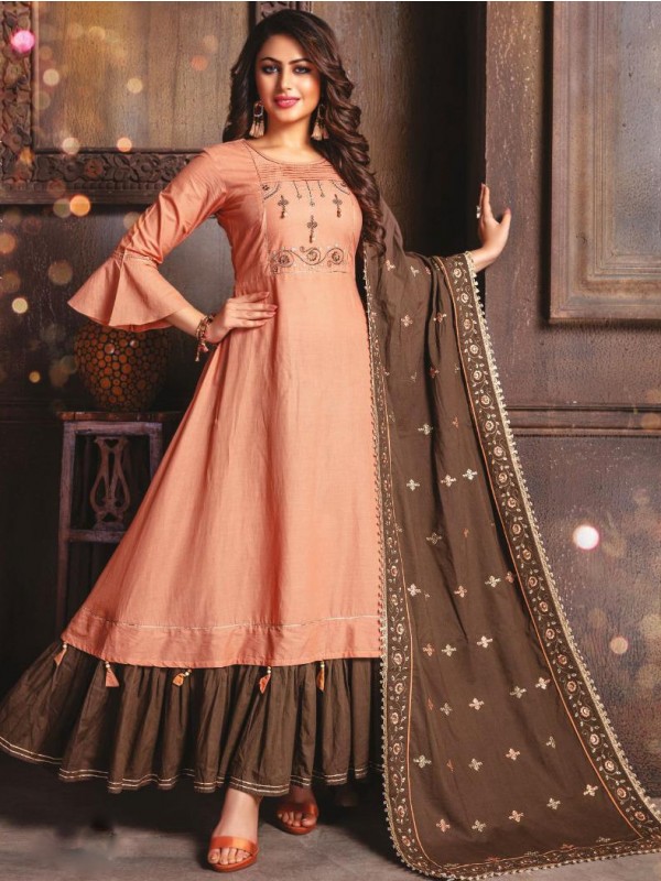 Cotton mal Fabrics Long Kurti With Dupatta  In Peach Color With Embroidery