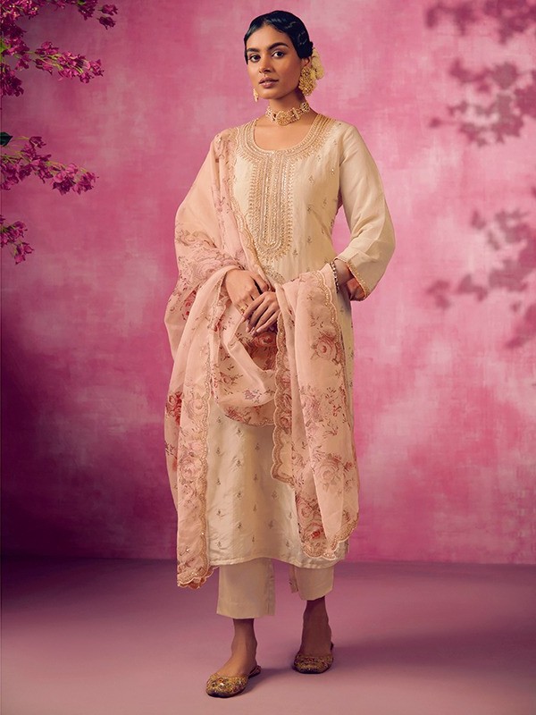 Soft Cotton  Party Wear  Suit  in Cream Color with  Embroidery Work