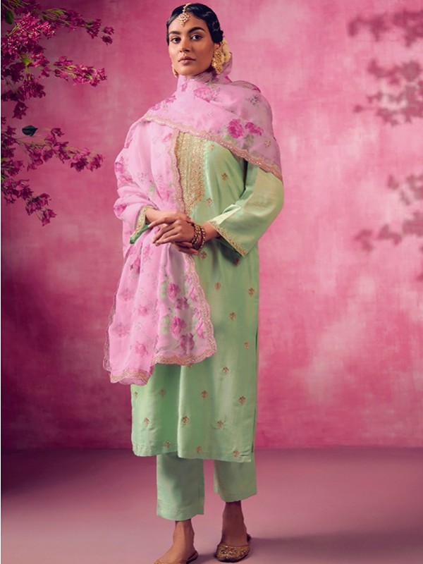 Soft Cotton  Party Wear  Suit  in Green Color with  Embroidery Work