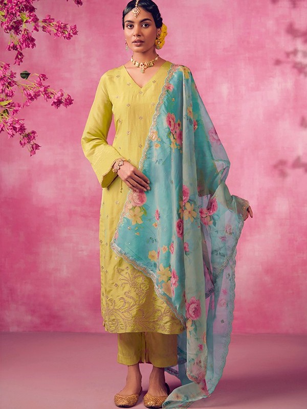 Soft Cotton  Party Wear  Suit  in Yellow Color with  Embroidery Work